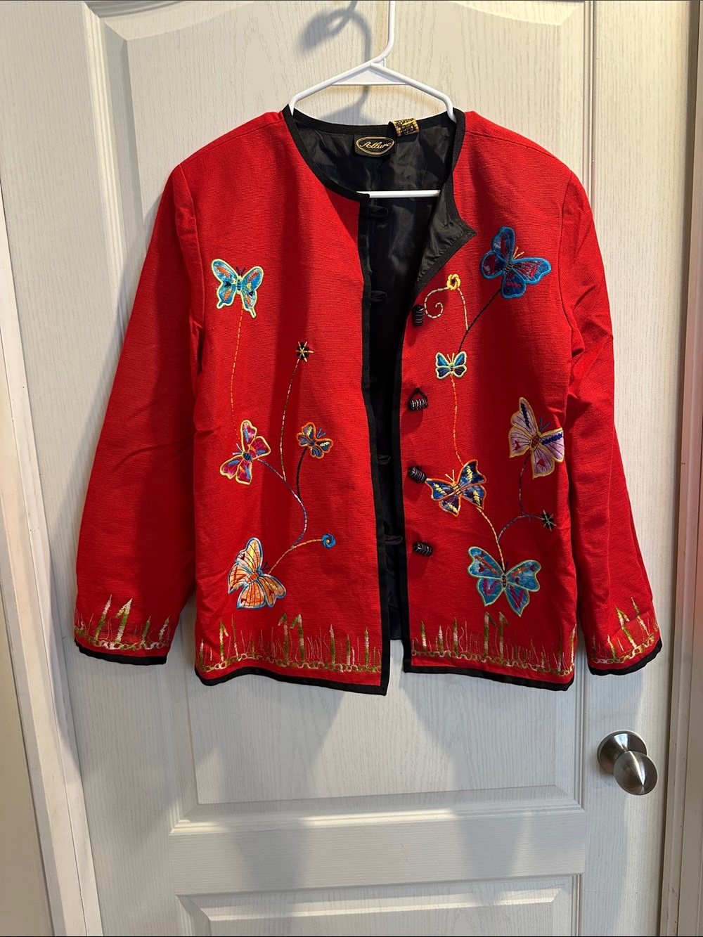 Vintage Allure Red jacket szS glass beads, allover butteryfly & flower appliqué